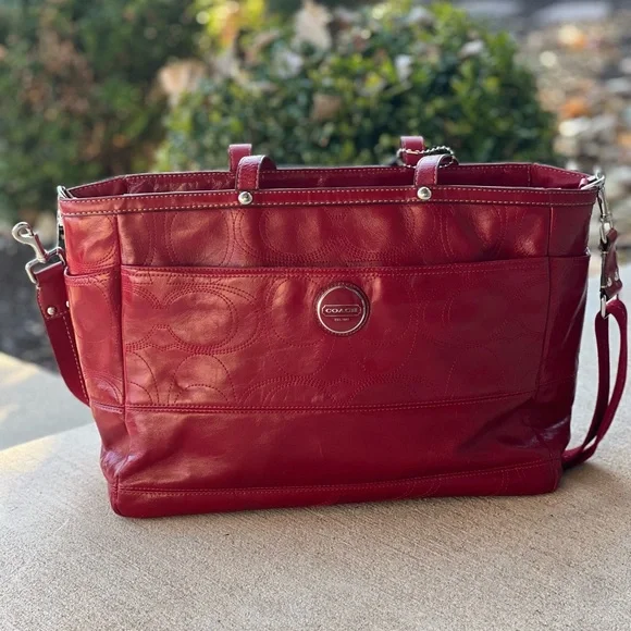 COACH Signature Embossed Patent Red Leather Laptop Diaper Tote Bag XL - Picture 2 of 14